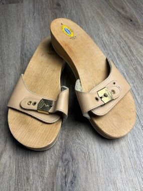 Vintage Dr. Scholl’s Pescura Wooden Sandals Made in Italy Leather Slides Size 8